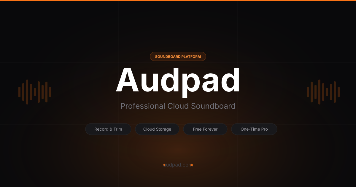 Audpad soundboard interface showing multiple boards and buttons — Free plan includes 1 board and 3 buttons; Pro plan offers one-time payment